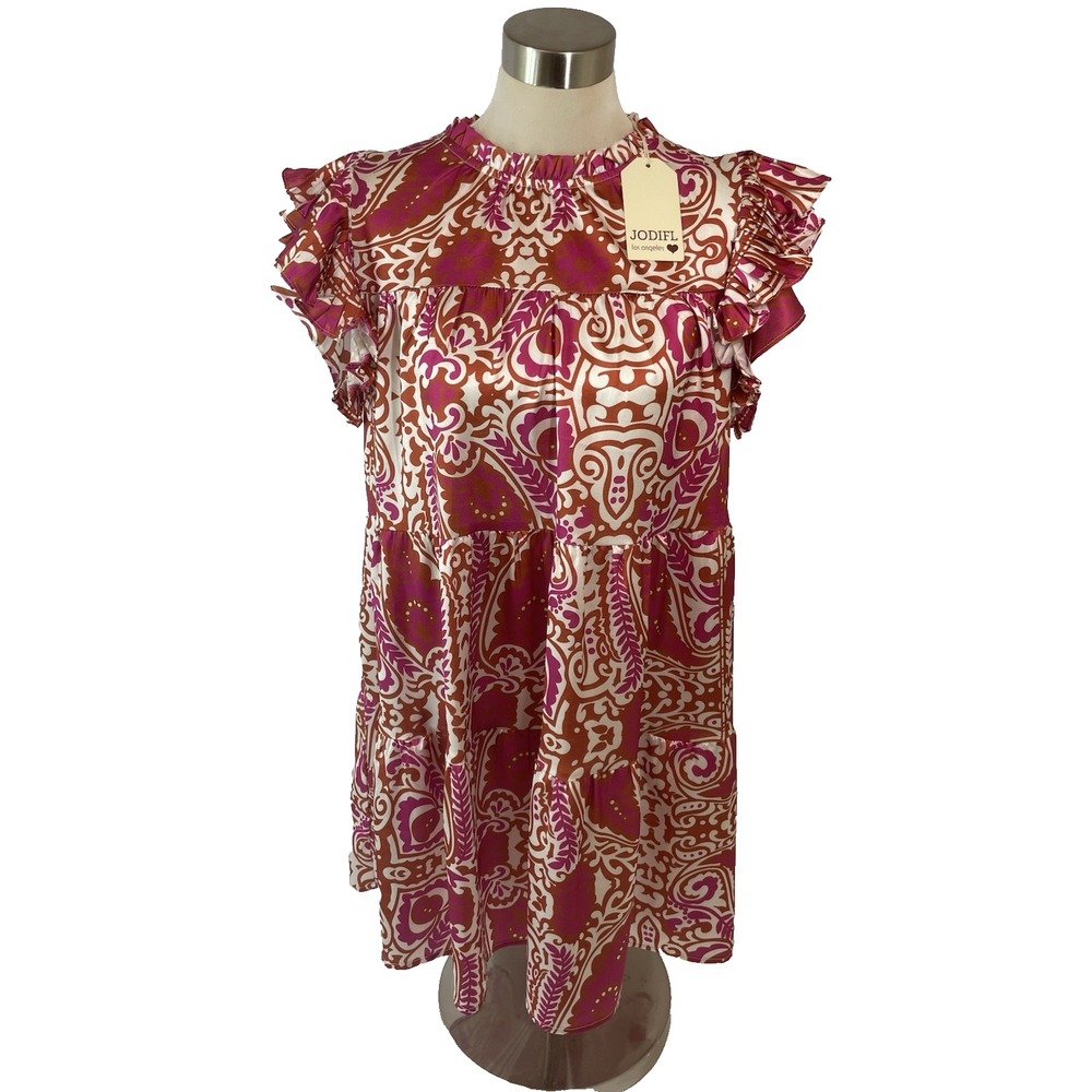 NWT Jodifl Pink/Rust Babydoll Dress Womens Size Medium Ruffle Neck Tiered NEW